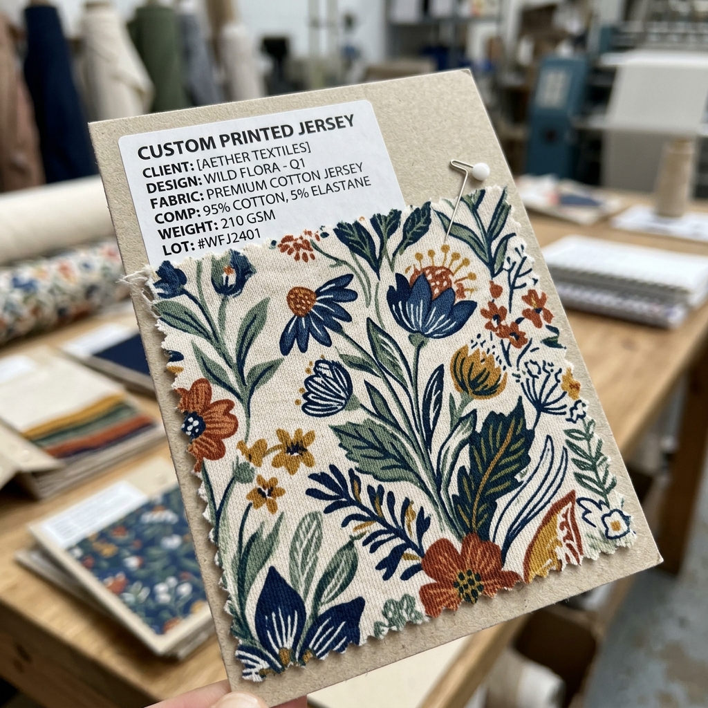 Custom printed fabric sample with floral design